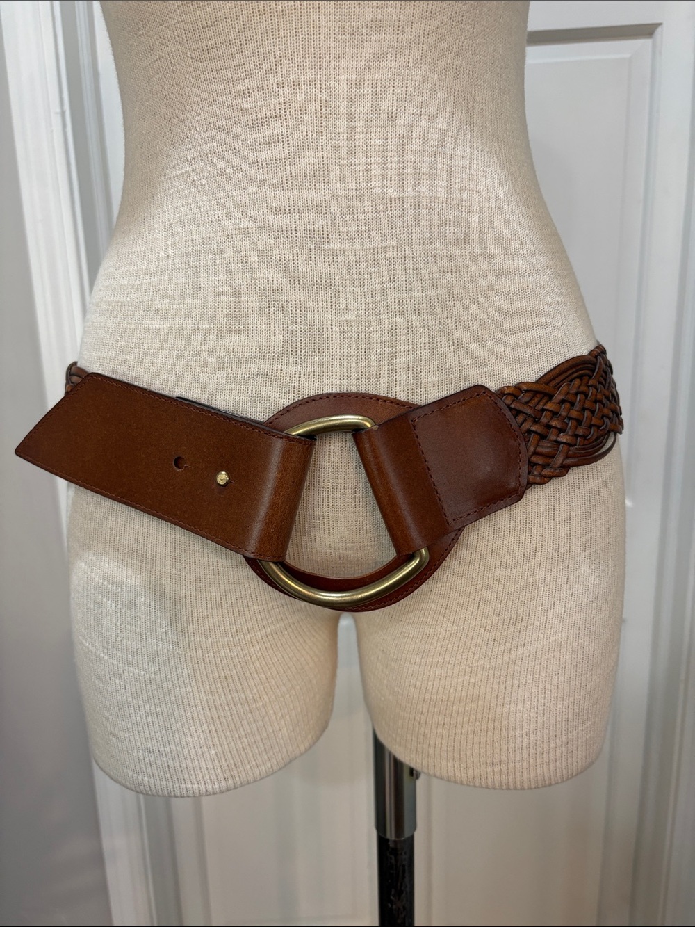 Brown genuine bonded leather wide boho braided belt sz M